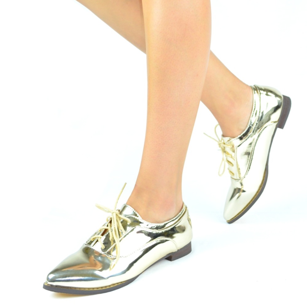 NEW Women's Gold Lace Up Low Stacked Heel OXFORD - Picture 1 of 5